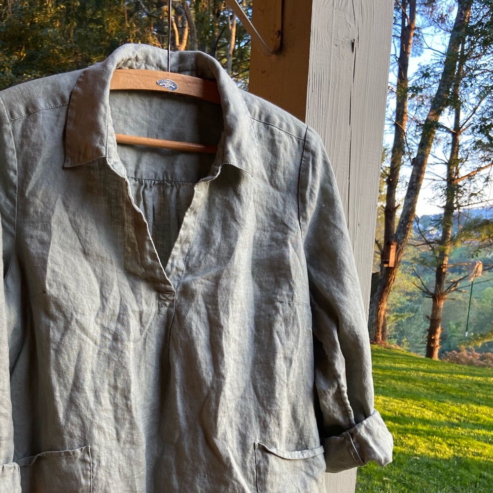 Linen Pocket Tunic Sage Soft Surroundings Collar Pearl Button